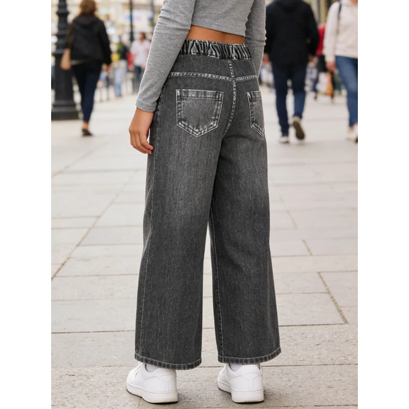 2026Children's Trendy Cool Graffiti Smiley Face Black and Gray Faux Denim Jeans
