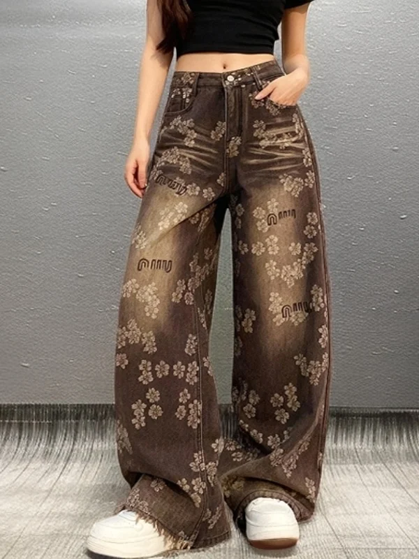 

Весенние женские джинсы с высокой талией, свободные, прямого кроя, с принтом-надписью, широкие брюки, удобные для повседневной носки