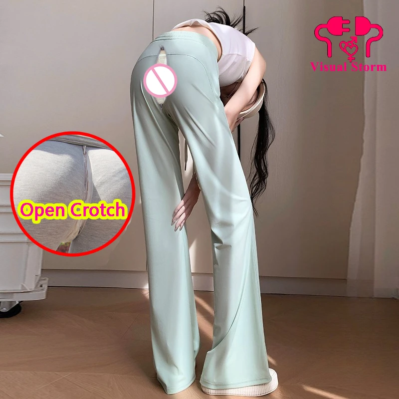 Woman Open Crotch Leggings Loose Hidden Zipper Crotchless Trousers Fashion Style Couple Outdoor Sex Costume Erotic Pants