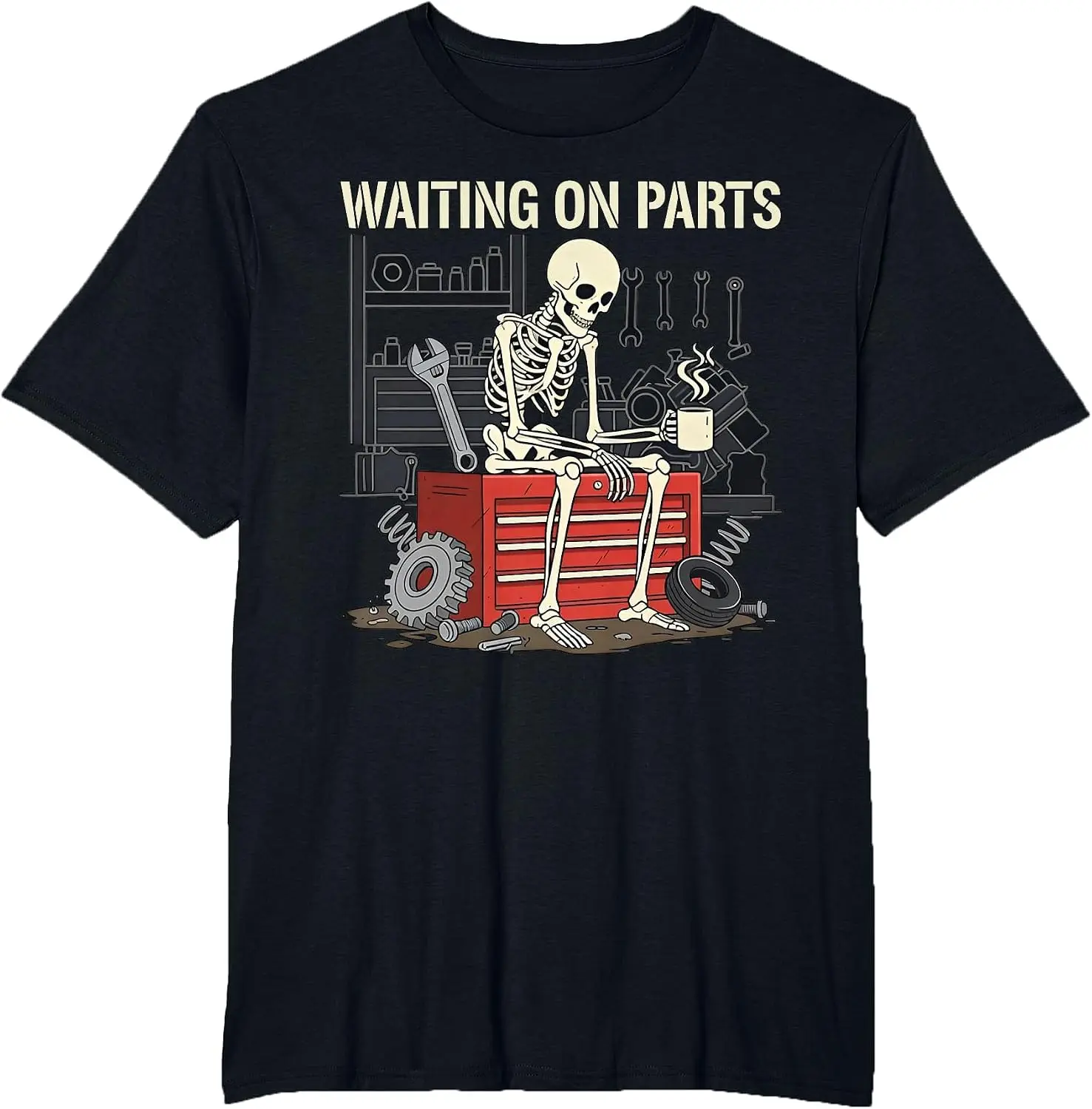 Waiting On Parts Skeleton Garage Auto Mechanic Repair T-Shirt Unisex Unique Graphic Print T-Shirt Soft Cotton Casual Crew Neck Short Sleeve Tee For Men Women Daily Fashion Tops.Graphic Tee,Print T Shirt,Crew Neck,Short Sleeve.