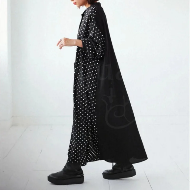 فستان نسائي طويل موجة نقطة طباعة فساتين المرقعة الياقة المستديرة زر فضفاض ألف خط مكتب سيدة 2025 الخريف خمر Vestidos #4