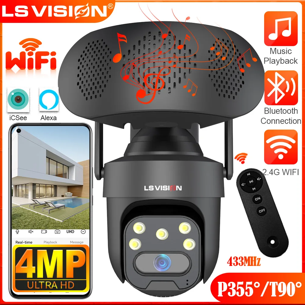 LS VISION 4MP WiFi IP カメラ Bluetooth ラウドスピーカー音楽プレーヤー屋外ワイヤレスセキュリティカメラ人間検出自動追跡
