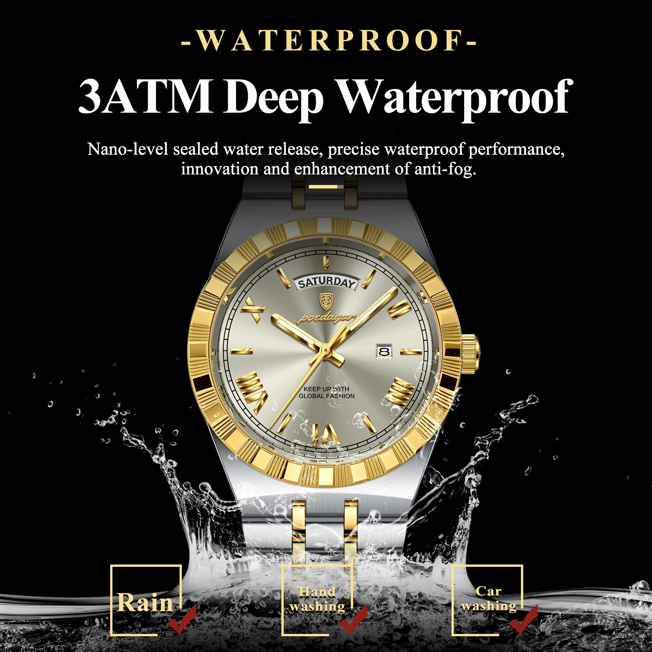 POEDAGAR Fashion Quartz Watches For Men Waterproof Luminous Week Date Man Watch Stainless Steel Men's Exquisite Wristwatch Reloj