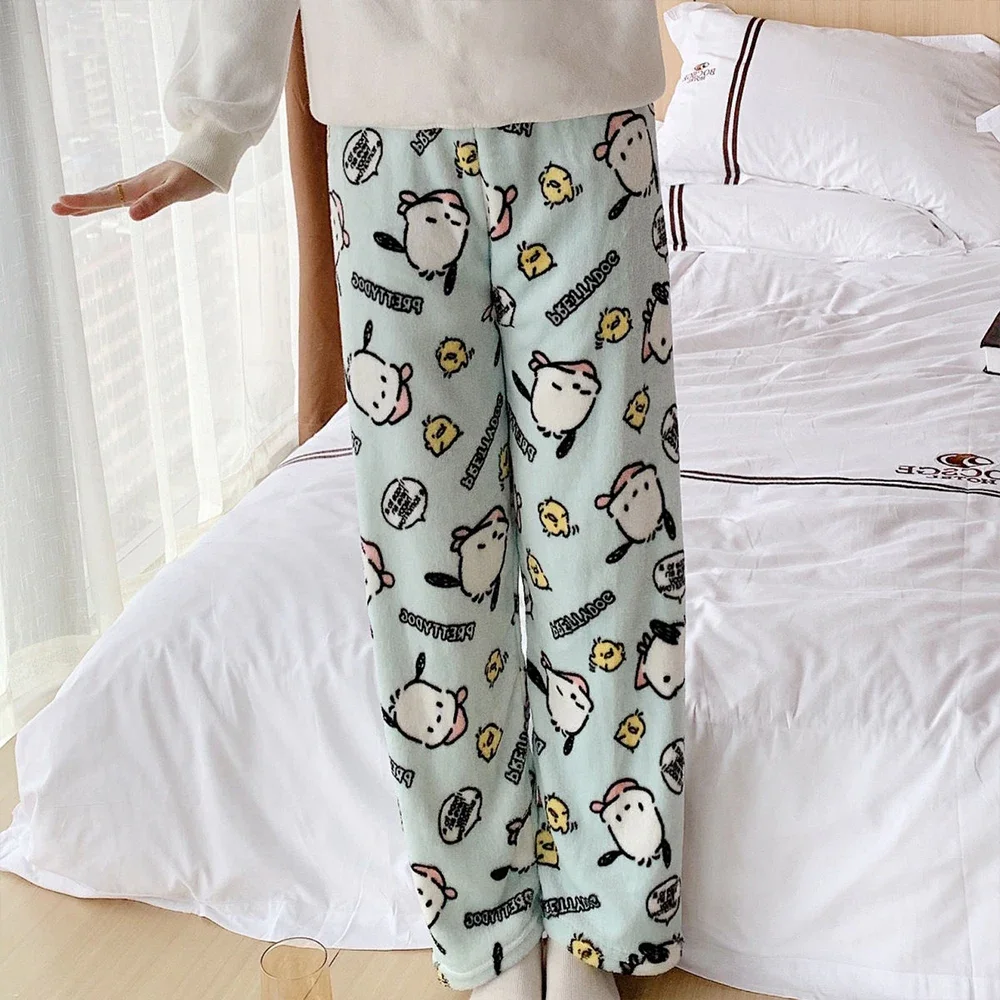 Kawaii Pochacco Frauen Plüsch Pyjama Hosen Sanrioed Anime Hallo Kitty Hosen Winter Plus Samt Warme Hosen Freizeit Home Fashion