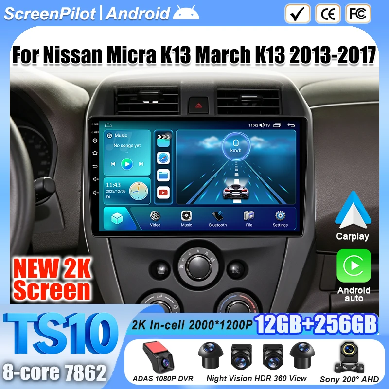 9 Inch Android 16 For Nissan Micra K13 March K13 2013-2017 Car Radio Stereo Head Unit Multimedia Video Player 2K QLED 8 Core RDS