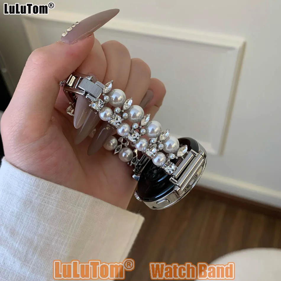 

Luxury Woman Pearl Metal Band for Samsung Galaxy Watch 7 6 5 4 44/40mm Huawei GT5 Pro 42/46mm 18/20/22mm Elegant Bracelet Strap