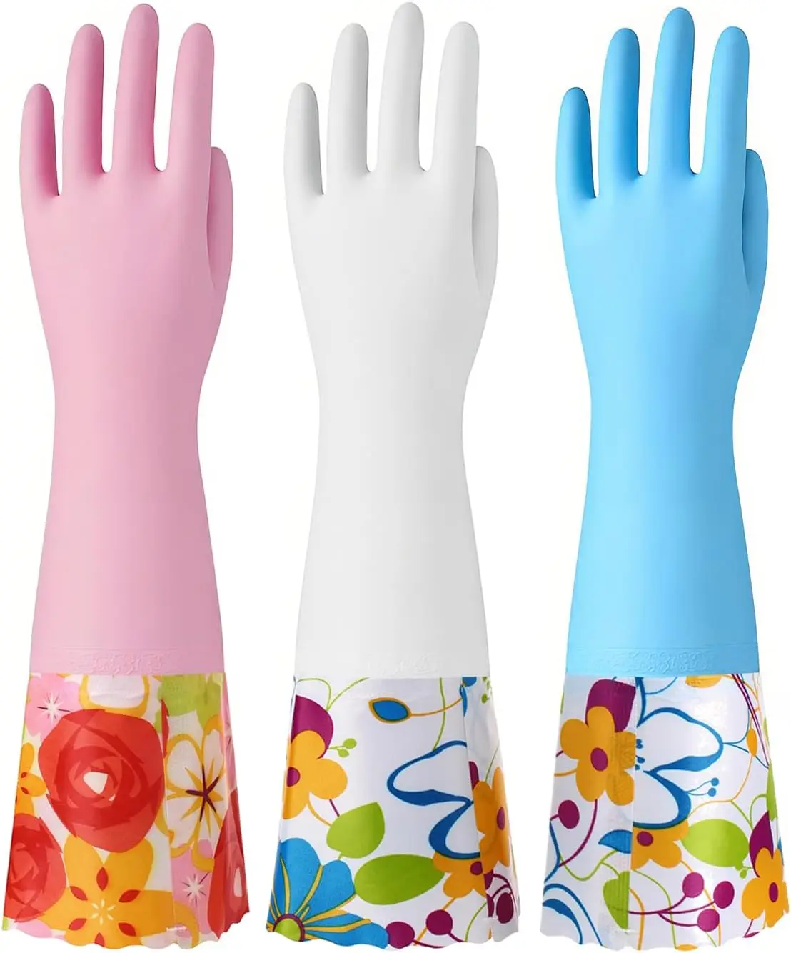 3 Pairs Rubber Cleaning Gloves, Household Kitchen Dishwashing Gloves with Cotton Flocked Liner, Long Cuff 16 Inches, Reusable, Non-Slip (Medium, Blue+Pink+White)