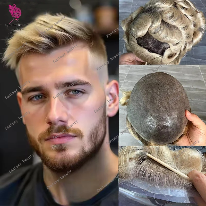 

Ombre Blonde Men's Super Natural Hairline Human Hair Capillary Prosthesis System Wig Brown Roots 0.06mm Durable Thin Skin Toupee