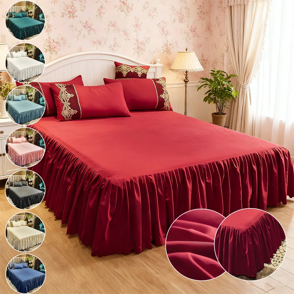 

1PC Solid Color Bed Skirts Single-piece Bed Cover with Ruffle Korean Style Bedspread Coverlet Fade-Resistant Bed Skirts 2 Square