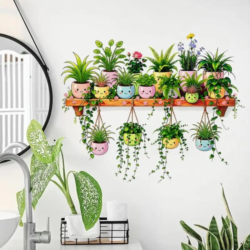 Potted Flower Hanging Basket Sticker For Living Room Bedroom Kitchen Removable Botanical Wall Art Decal Supply For Daily Use