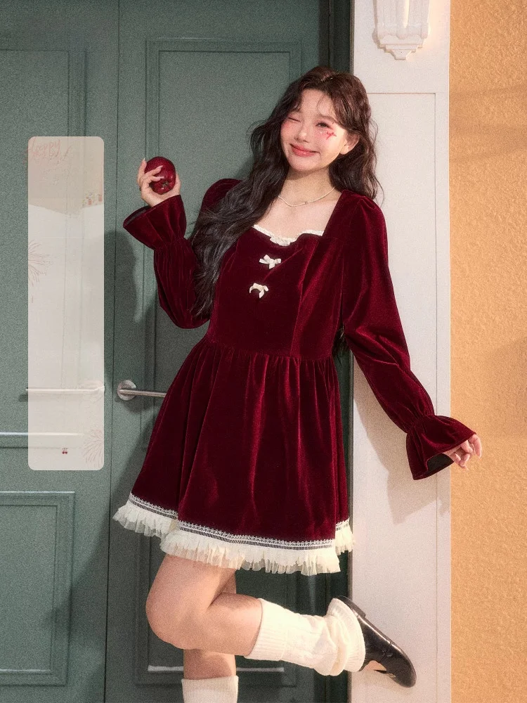 

Красное бархатное платье макси с кружевным подолом и квадратным вырезом для полных женщин, корейский стиль, повседневное, с высокой талией, длинное, для работы и отдыха