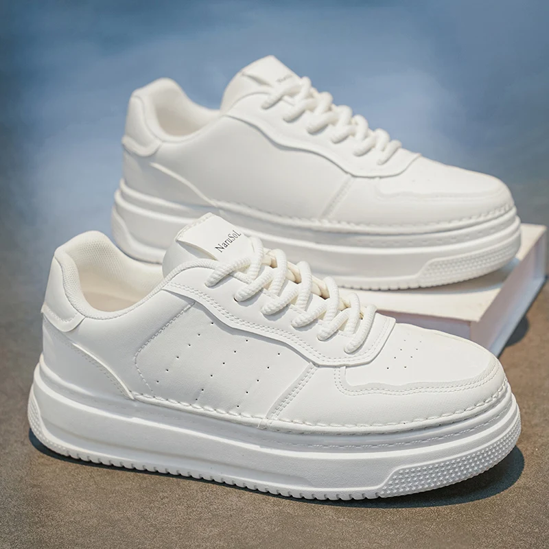 MenCreamKhakiCollar Platform Skate Sneakers Smooth Leather Thick Double Layer Sole Minimalist Daily All-match Casual Board Shoes