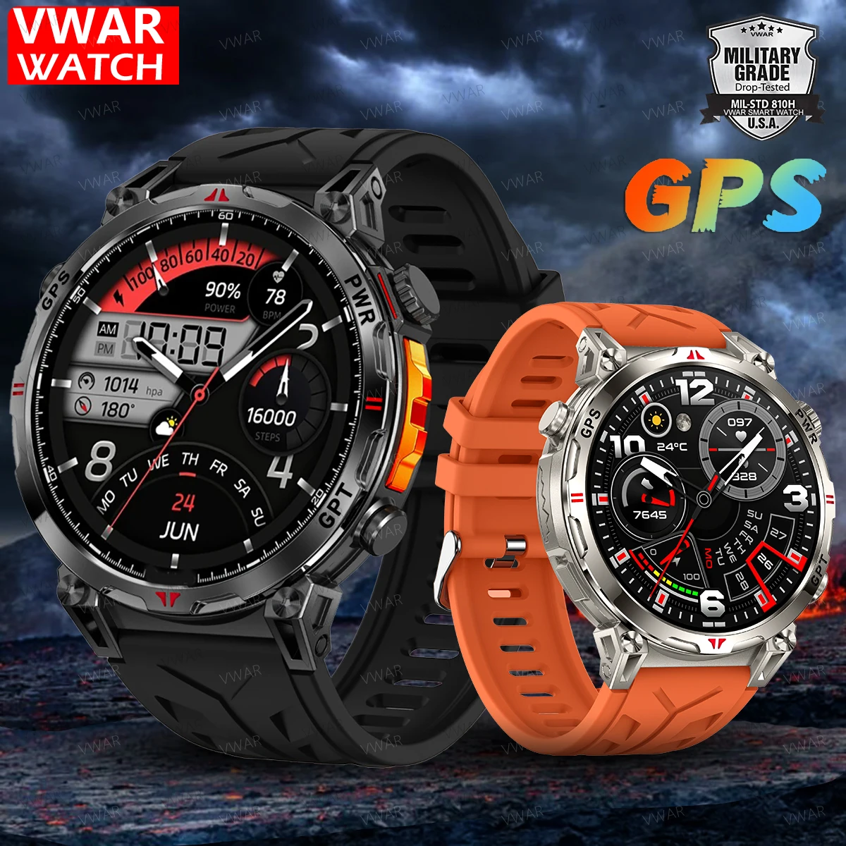 

VWAR Oudtoor GPS Смарт-часы Встроенный GPS-компас Барометрический высотомер 30 м IP69K Водонепроницаемые умные часы Мужской монитор здоровья AI GPT