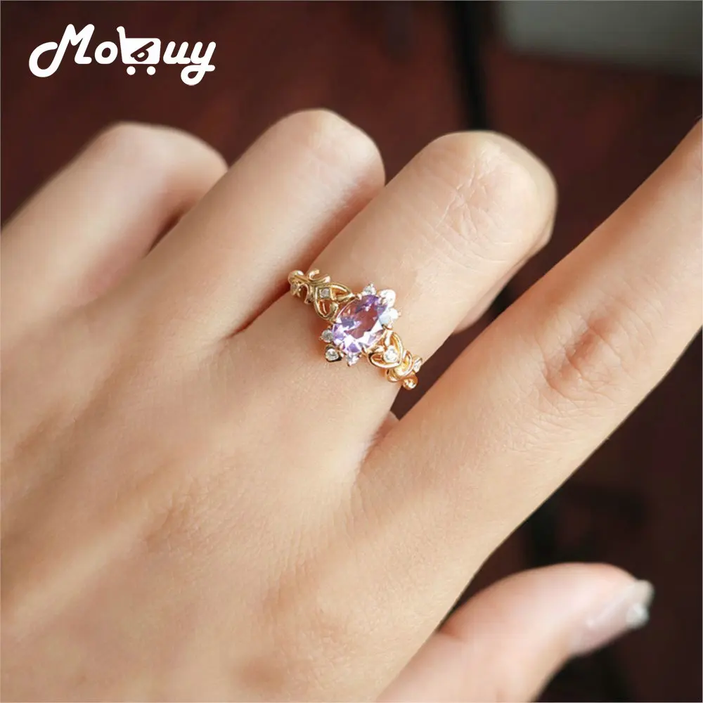

MOBUY Роскошное кольцо с натуральным аметистом для женщин, изысканное элегантное ажурное кольцо из стерлингового серебра 925 пробы, золото 14 карат, ювелирные изделия Vermeil