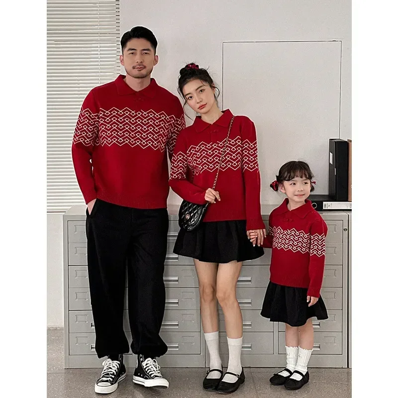 Family Red Chinese Knitted Sweater Winter New Year Parent-child Warm Christmas Jumper Dad Mom and Daughter Son Matching Clothes