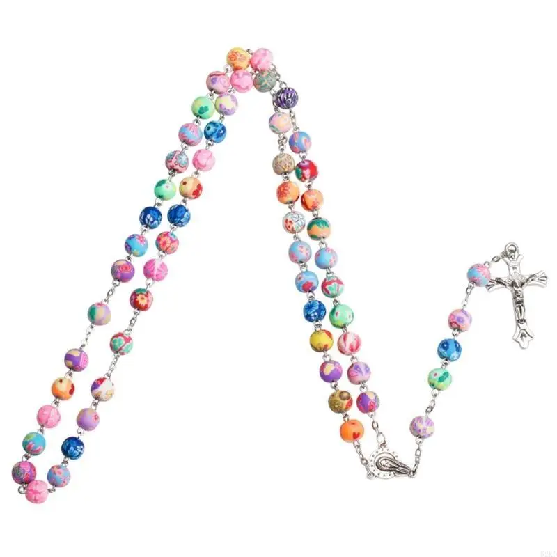 62KD Creative Religious for Cross Pendant Rosary Necklace Bead Chain Sweater Chain Catholic Jewelry Gift