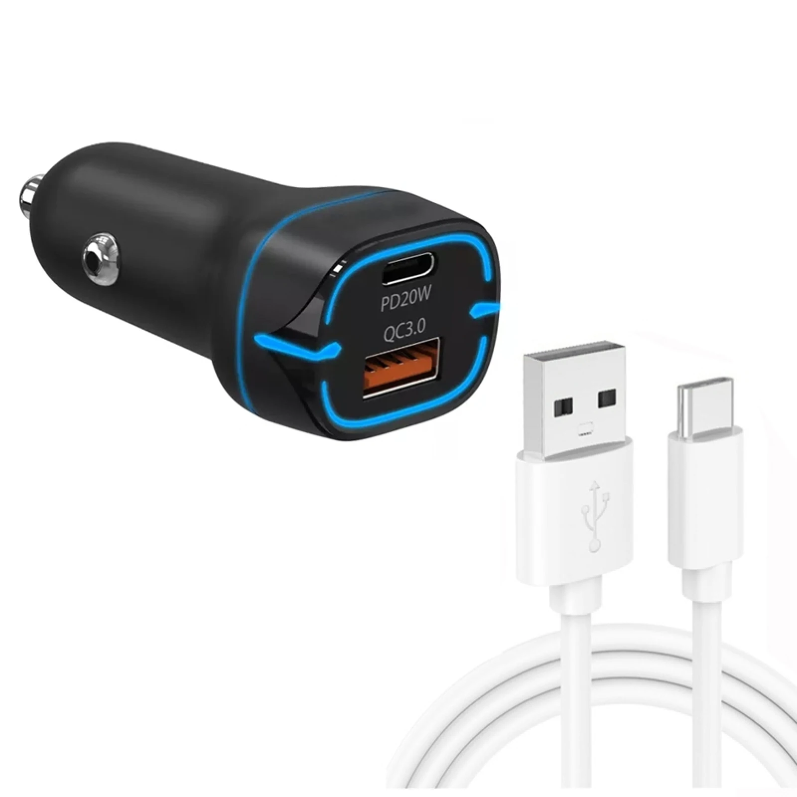 

38W PD20W + QC3.0 USB Car Charger with USB to Type-C Data Cable