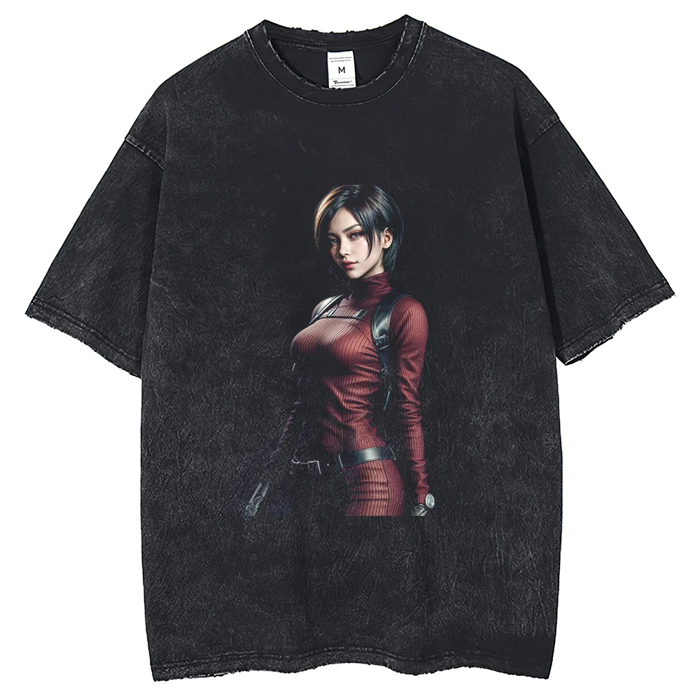 Resident Evil Character Ada Wong Pattern Printed Short Sleeve 2024 Harajuku Summer Retro Wash 250G Cotton T-shirt Men's Round Ne