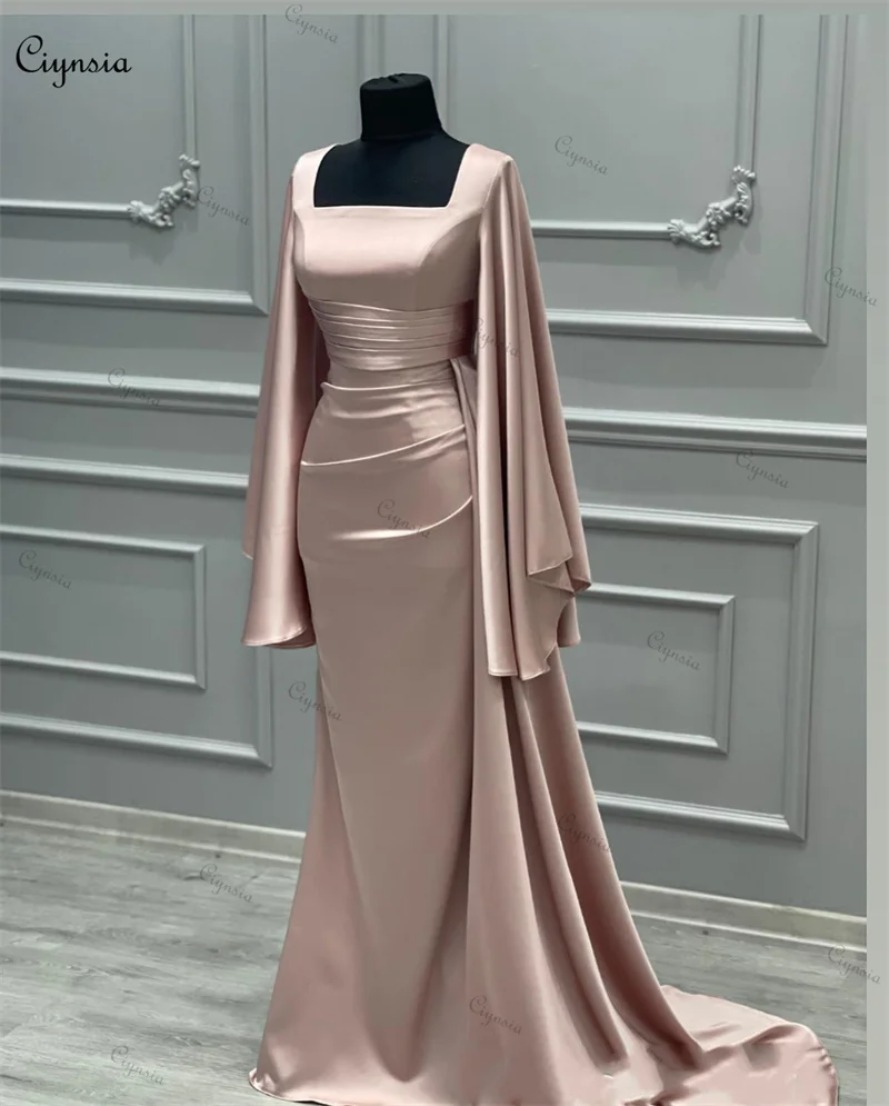 Ciynsia Elegant Dubai Luxury Evening Dresses for Women 2024 Satin Pleated Full Sleeves Formal Prom Gowns Mermaid فساتين السهرة