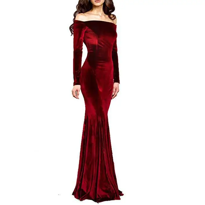 

Off The Shoulder Velvet Mermaid Evening Gown Long Prom Party Dresses with Two Sleeves