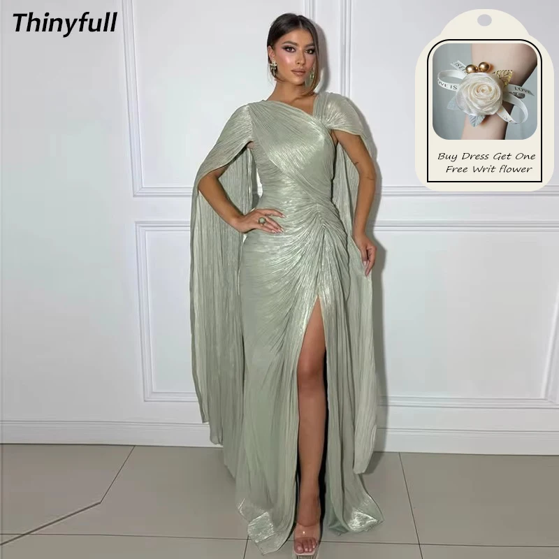 

Thinyfull Mermaid Arab Prom Dresses Sleeveless Shiny Satin Evening Party Gown Dubai Split Dress robes de soirée Customized