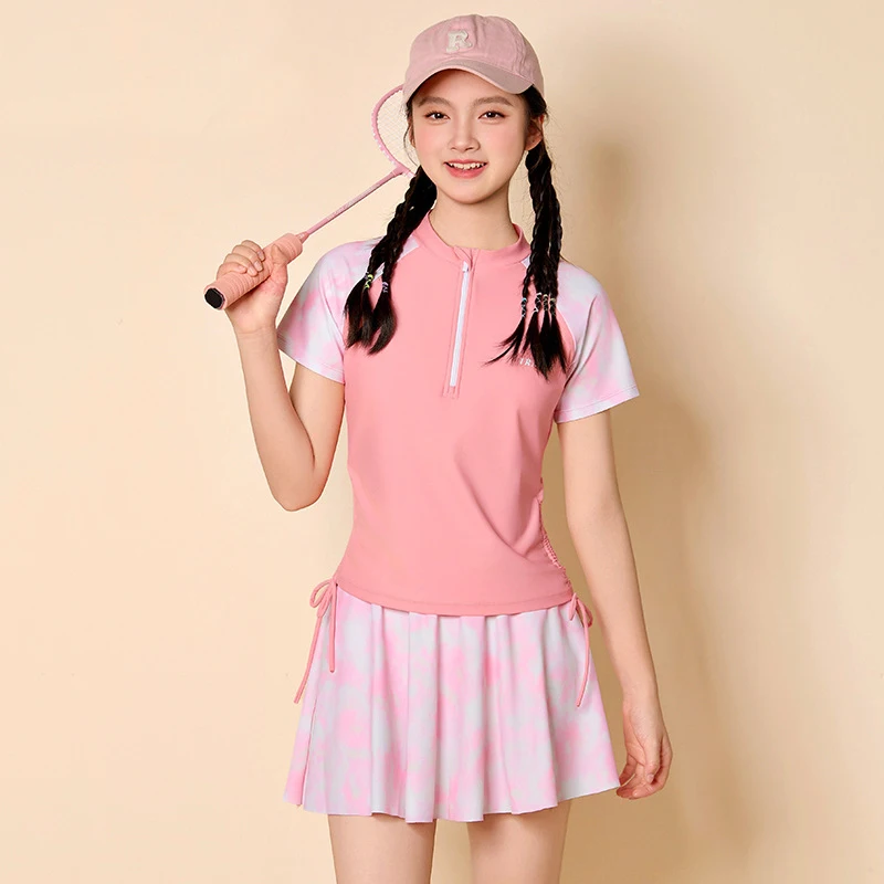 Summer Girls Swimwear Two Piece Long Sleeve Swimsuit With Fake-two Shorts Kids Bathing Suit Children Swimming Suit Beachwear