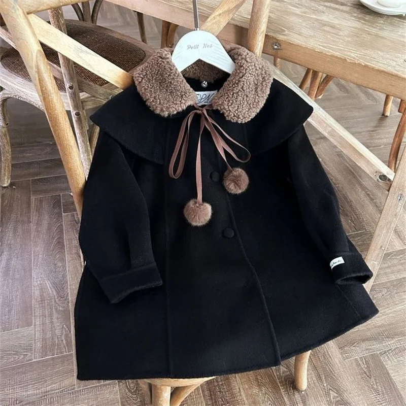 Girls Woolen Coat Jacket Windbreak 2023 Fuzzy Warm Thicken Winter Cotton Overcoat Teenagers Children\'s Clothing