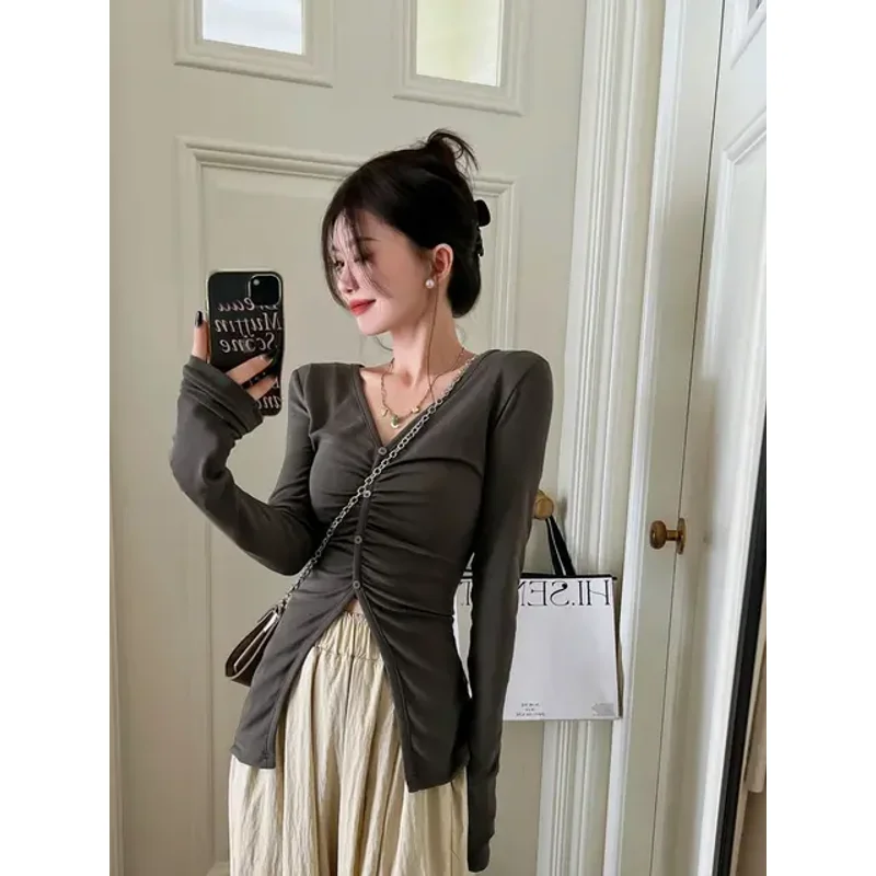 Single-breasted T Shirts Women Clothing Tunic Solid Colot Tees 2025 Ropa Mujer Fashion Camisetas Casual Folds T-shirt Y2k Tops