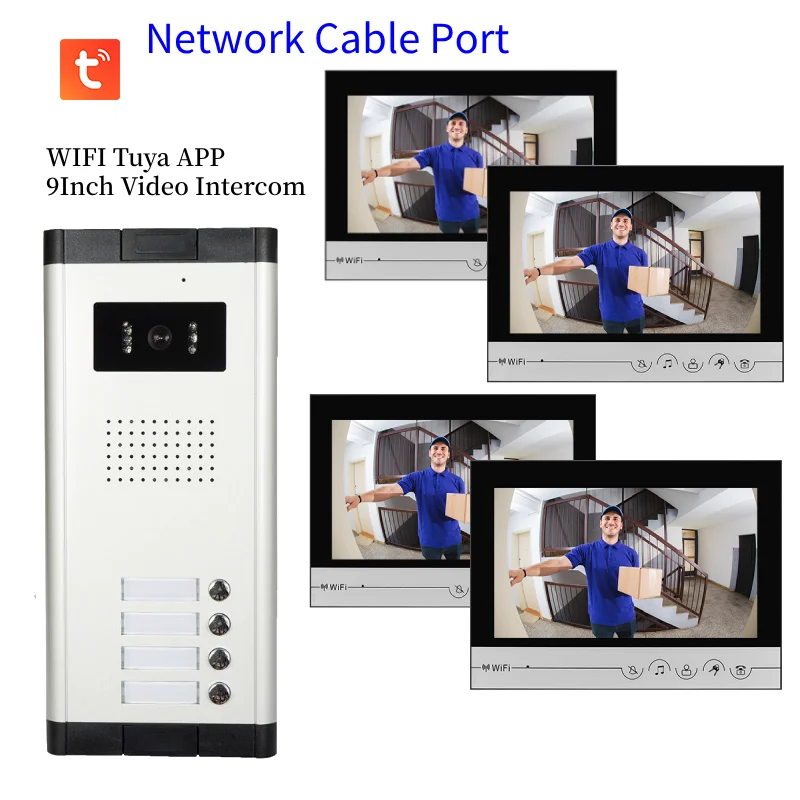 Newwork Cable Port Apartment WIFI Video Doorbell For 2-6 Units 9 inchTuya Building Video Intercom Doorphone Access Kits