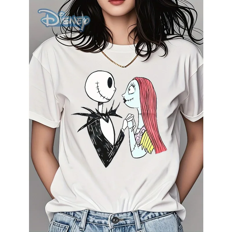 Camiseta con estampado Original de Jack Skellington de Disney para mujer, Top de manga corta informal holgado de talla grande de tendencia americana para Halloween