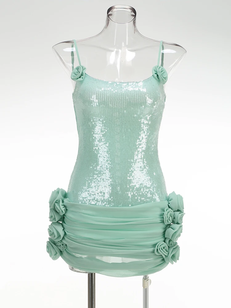 Women Glamorous Light Green Sequin Strappy Mini Dress With 3D Flowers Sleeveless Summer Prom Dresses Evening Party Gown