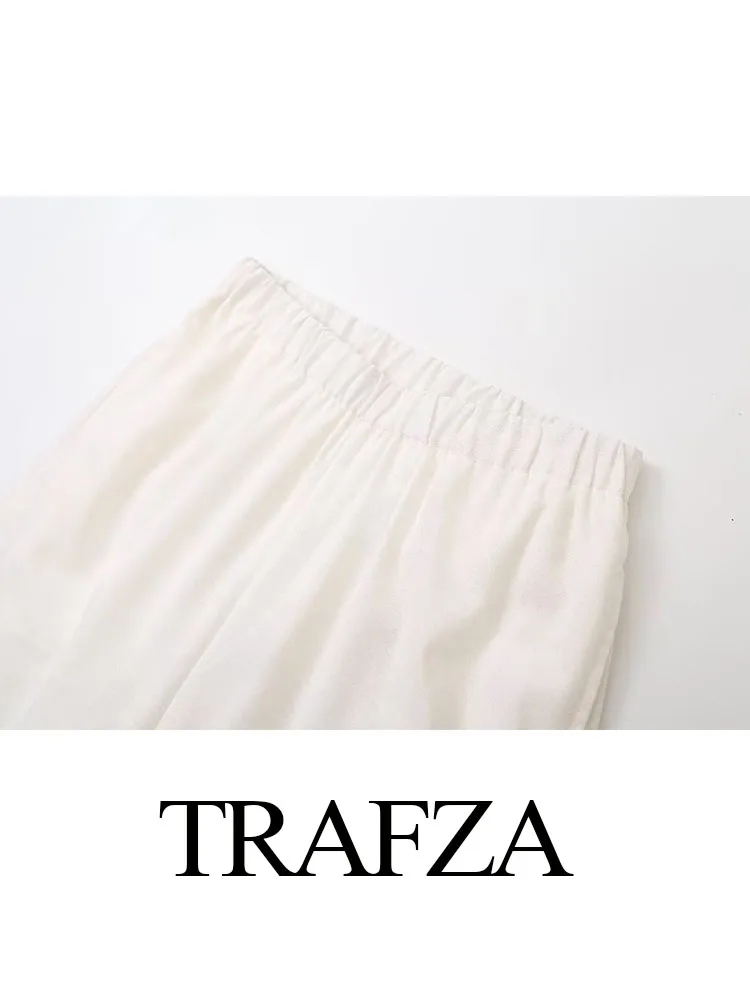 Trafza ชุดสูทฤดูร้อนแฟชั่นคอวีปักสำหรับผู้หญิง, เสื้อกั๊กแขนกุดกระดุมแถวเดียว + กางเกงขายาวเอวยางยืดสำหรับผู้หญิง