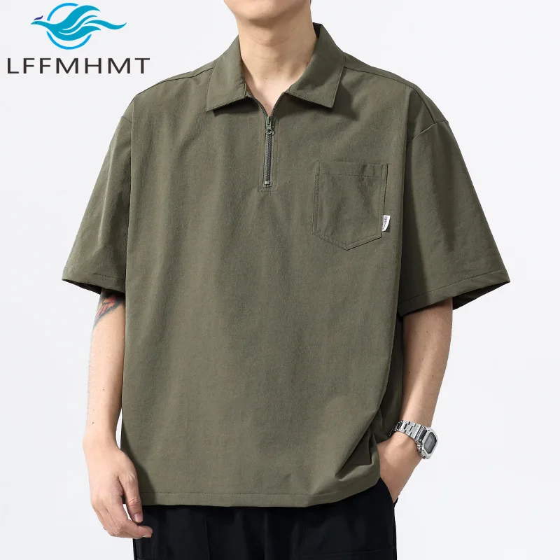 

H604 Мужская рубашка поло Летняя мода Тонкая однотонная футболка с коротким рукавом на молнии в японском стиле Футболка-карго Молодежные подростковые повседневные топы