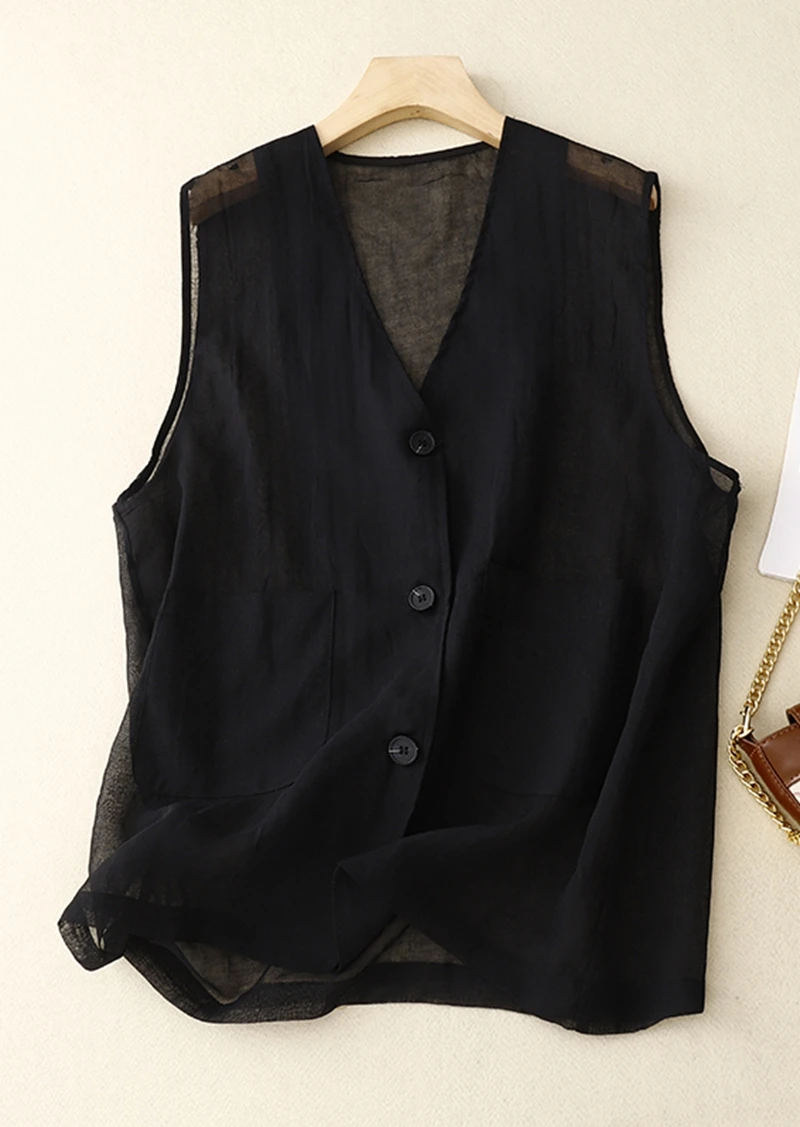 Women's Summer Thin Sheer Long Cotton Vest Black White Khaki Sleeveless Cardigan Coat Button Up Cover Up Shrug Vintage Loose Top