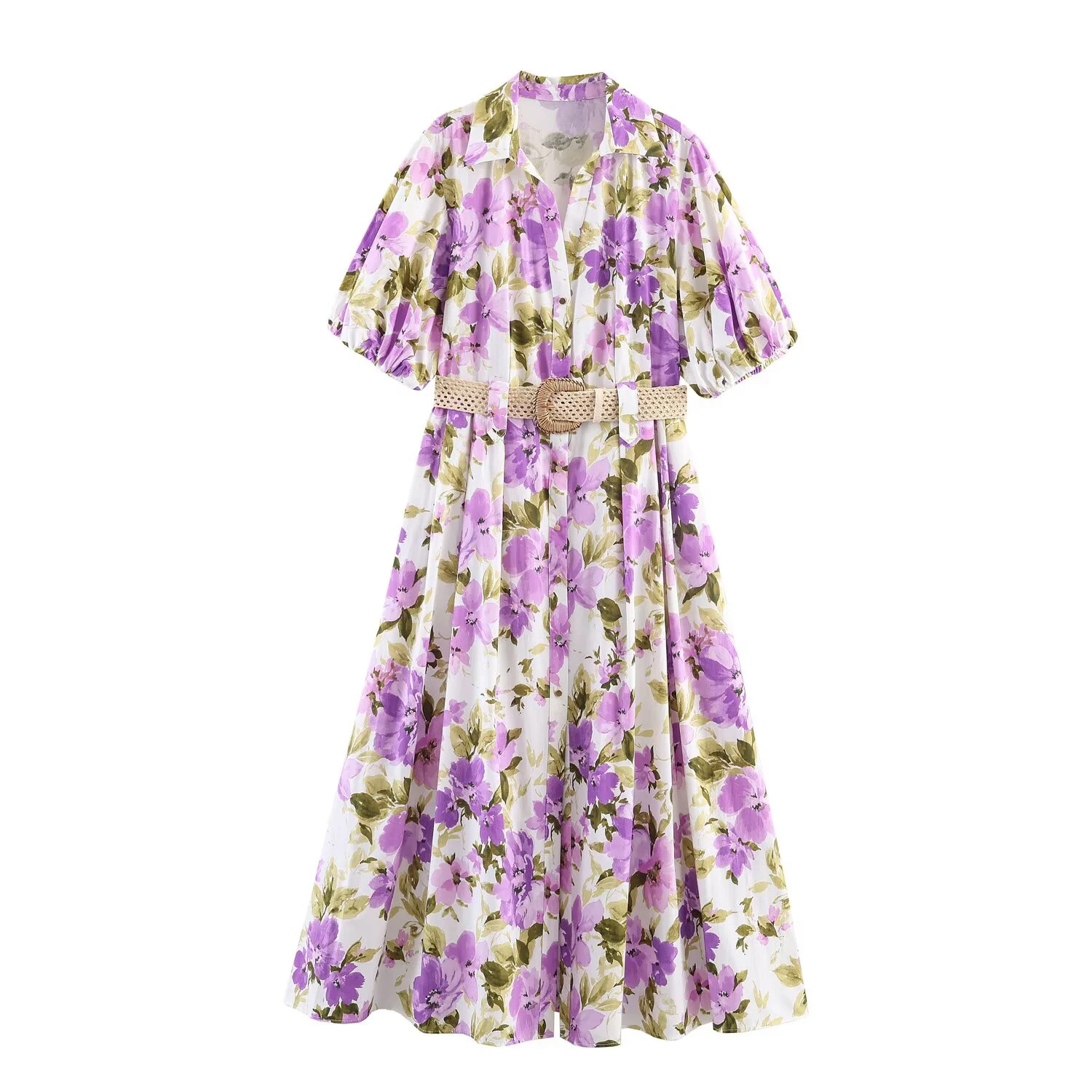 Robe mi-longue pour femme, style européen et américain, nouvelle collection printemps-été, avec ceinture et imprimé floral.