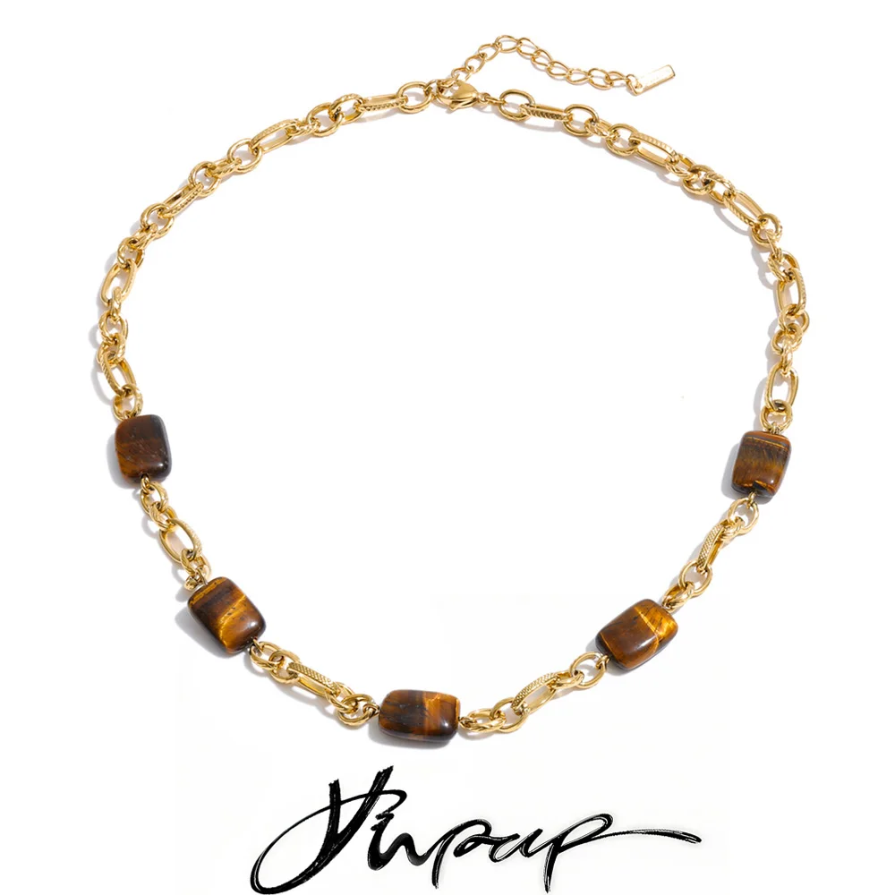 Yhpup Stainless Steel Natural Tiger Stone Rectangle Chain Necklace Waterproof 2026 New Arrivals Fashion Quality Collar Jewelry
