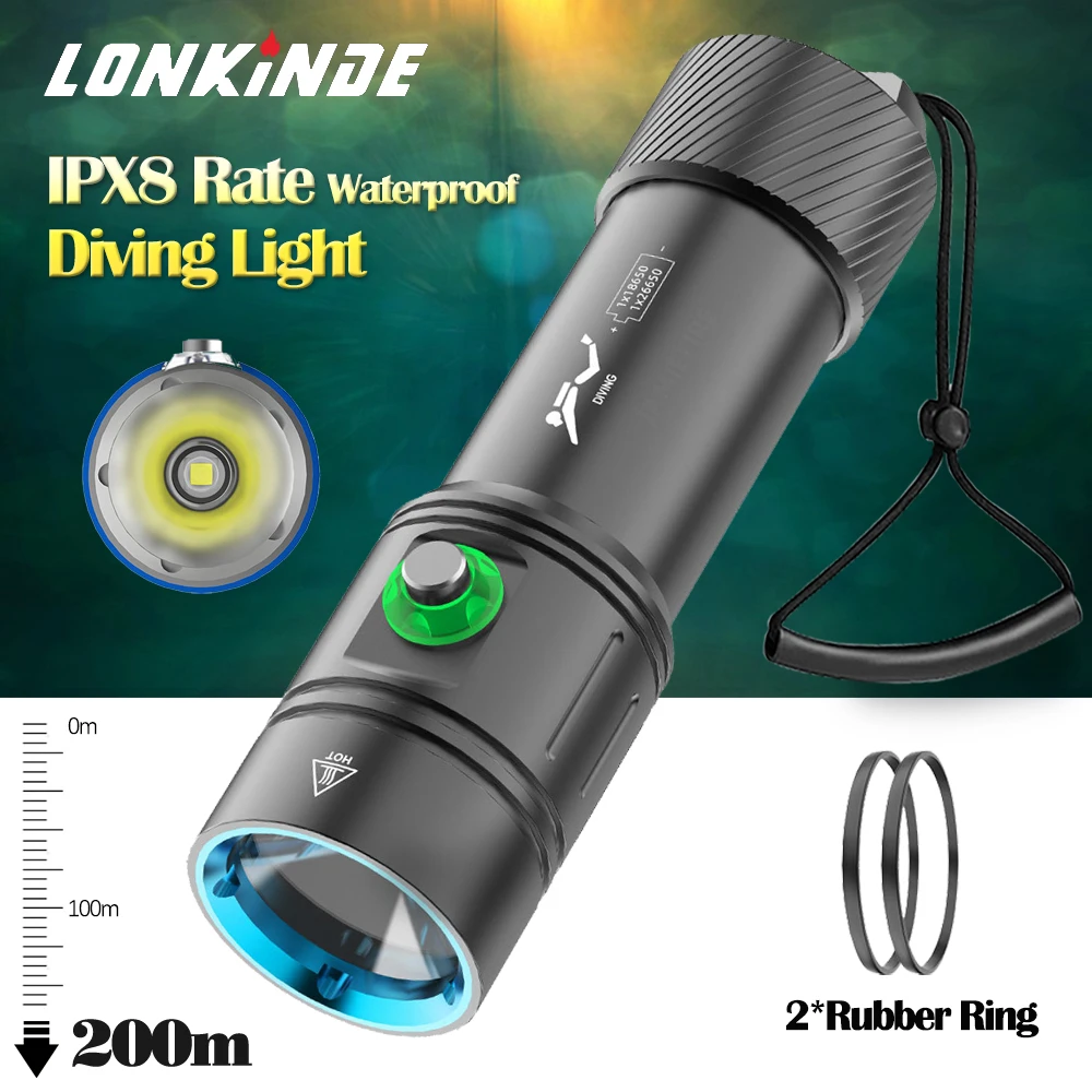 Lanterna de mergulho profissional super brilhante, tocha de mergulho LED, IPX8 impermeável, 200m subaquático, L2, 5000 lumens