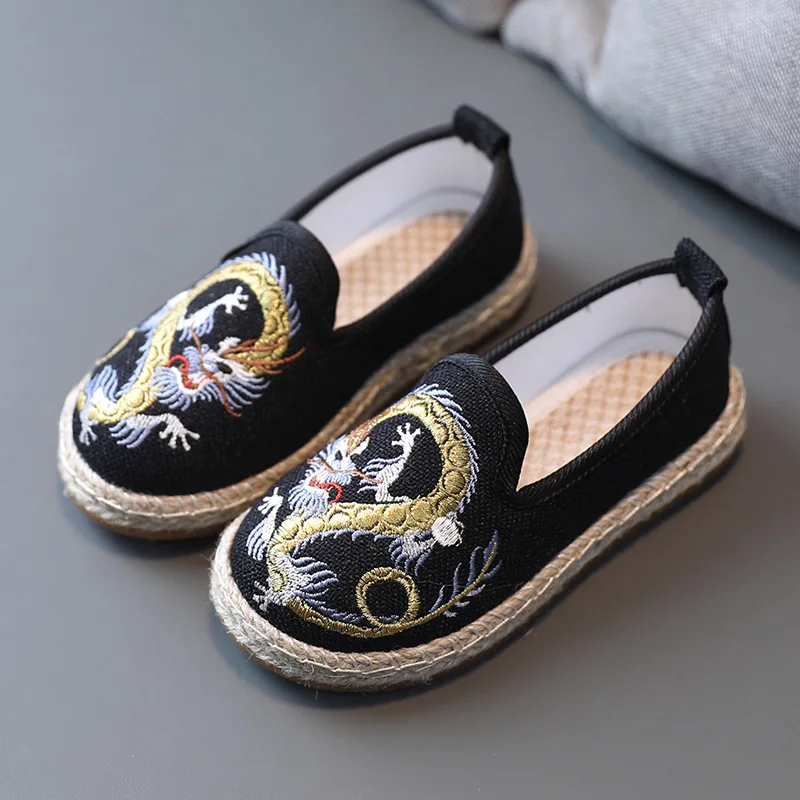 Comfortable Soft bottom Boys Shoes Chinese Style Dragon Embroidered Cotton Cloth Shoes for Boy Flat Ancient Perform Shoes Kids