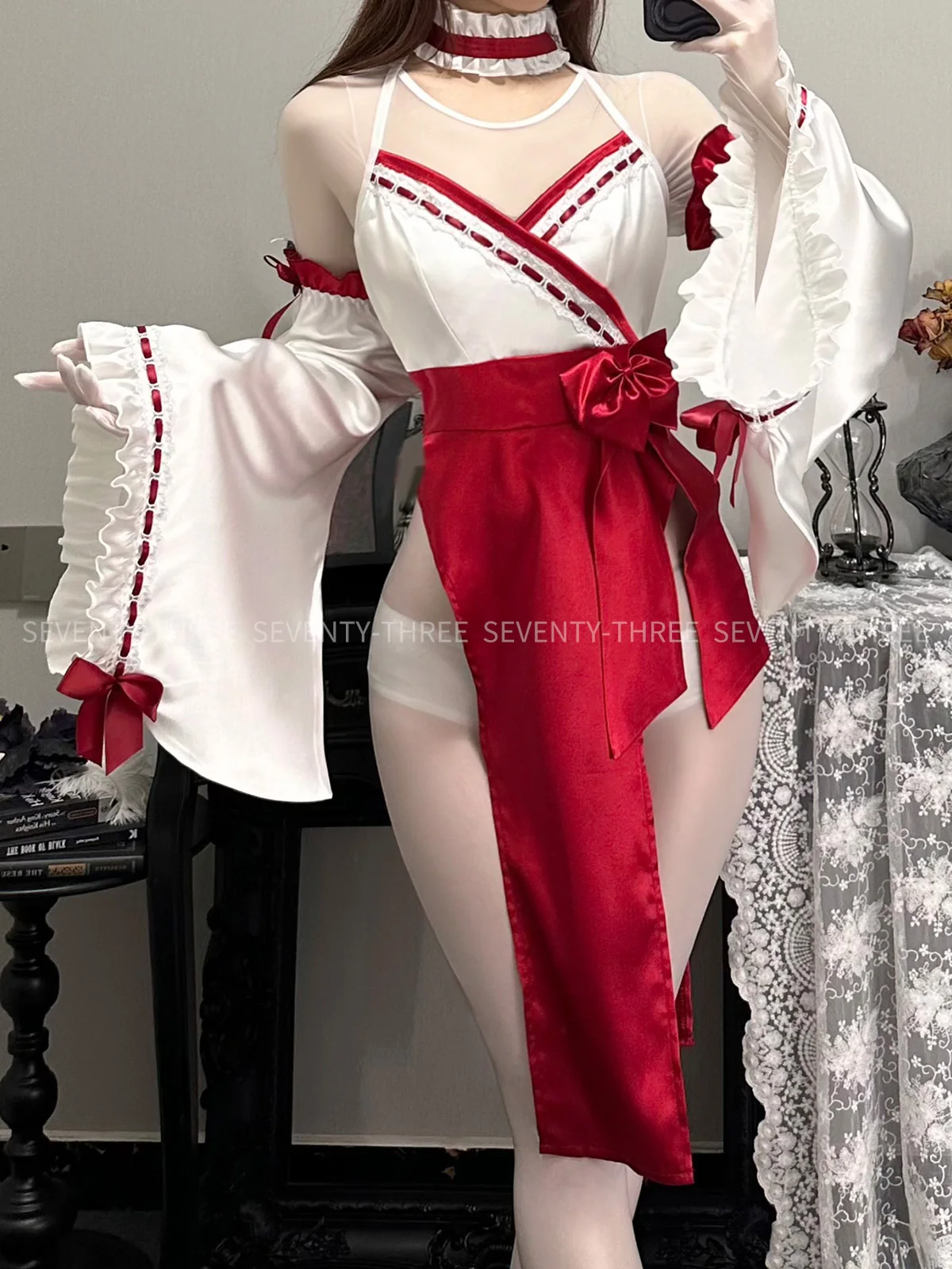 Women Japanese Anime Miko Cosplay Outfit, Red And White Kimono Bra And Panty Set Witch Cosplay Costume