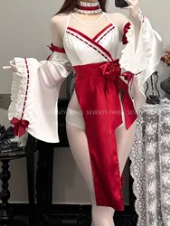 Women Japanese Anime Miko Cosplay Outfit, Red And White Kimono Bra And Panty Set Witch Cosplay Costume