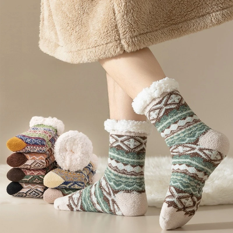 

New Winter Legs Warmer Lamb Wool Floor Socks Fleece Thickened Warm Non-slip Silicone Home Socks Ethnic Style Tube Socks