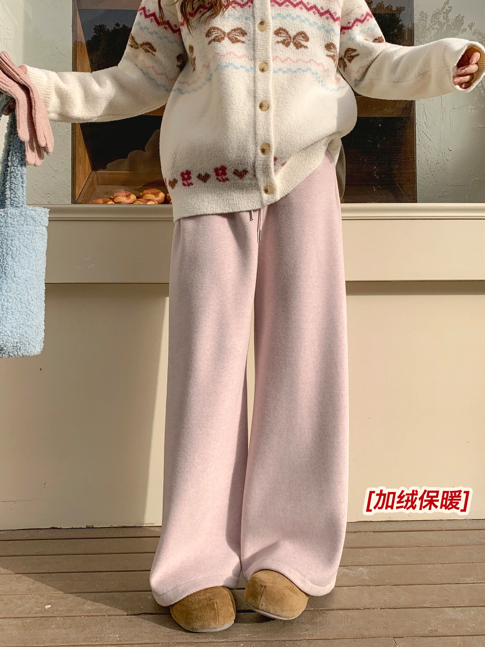 

Розовые вязаные брюки прямого кроя на флисовой подкладке, повседневные брюки Peach Pie для женщин, осень-зима, новинка