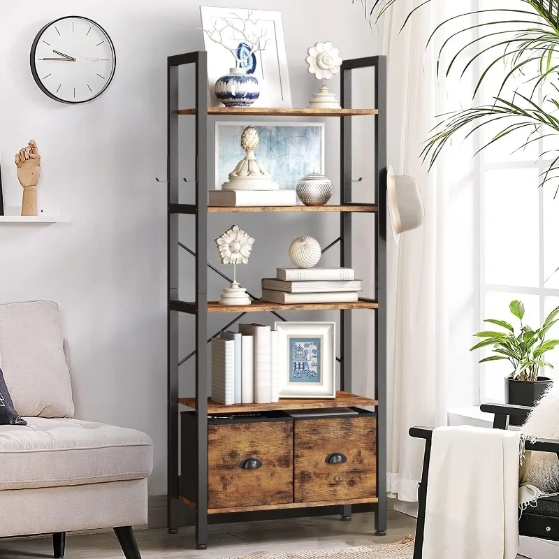 

Industrial Display Standing Shelf, Rustic Wood Storage Shelf with Metal Frame, Open Bookcases for Bedroom, Home Office