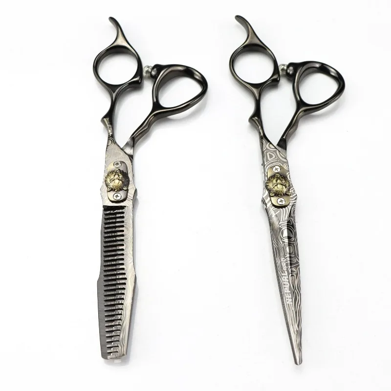 6.0inch JP440C black tiger-head  damascus sword-shaped hair scissors sharp durable right hand  ideal for salons or household