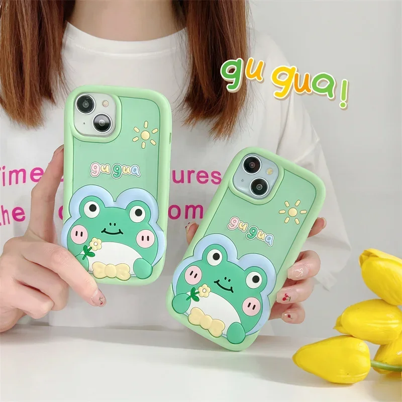 Cartoon Cute 3D Flower Frog Soft Silicone Phone Case Suitable for iPhone 15 11 12  13  14 Pro Max Shock-absorbing Bumper Cover