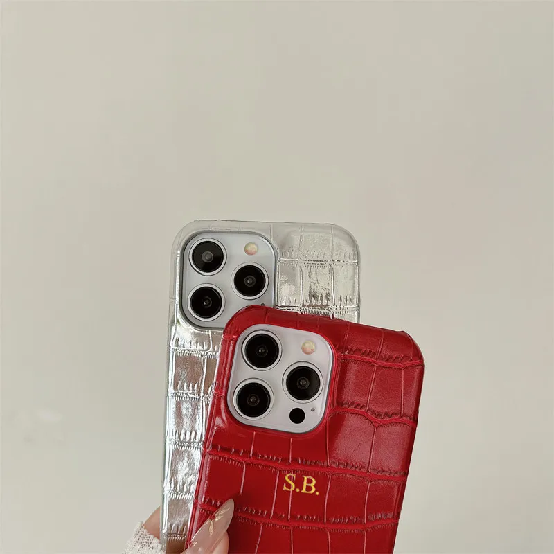 Personalise Gold Silver Initial Crocodile Luxury Leather PU Cases For Iphone 14 12 11 13 15 16 17 Pro Max 14 15 plus Hard  Cover