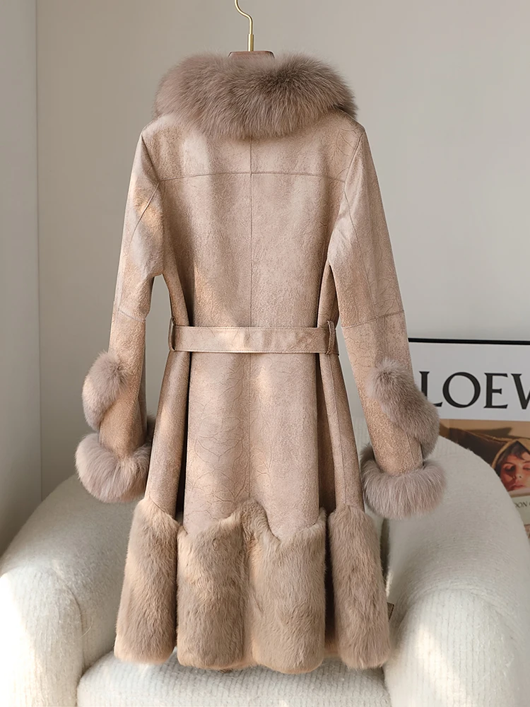 Overcoat Women Elegant Belted Real Rabbit Fur Jacket Winter Warm Suede Leather Fox Fur Collar Coat Thick Softshell Party Trench