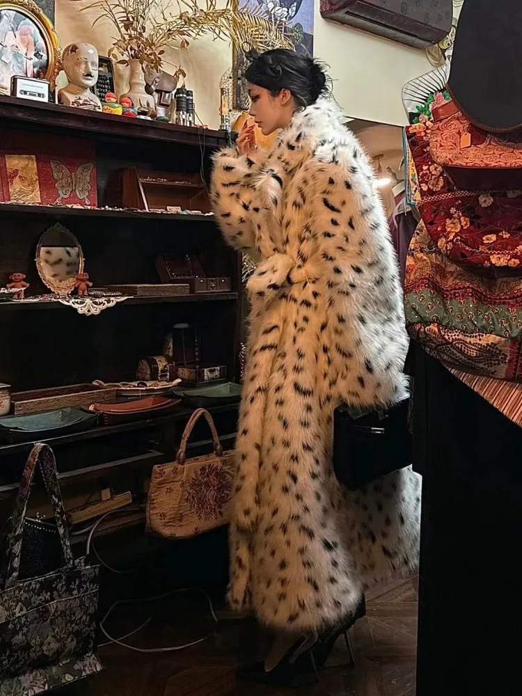 Leopard Print Environmental Protection Fur Coat Women Winter New Luxury Fashion Long Sleeve Warm White Lace-up Fox Fur Jackets