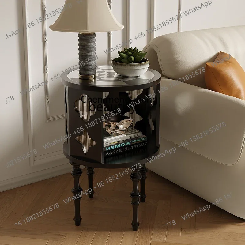 cc182French retro starry sky  few solid wood light luxury sofa side cabinet glass corner few checkerboard round small coffee tab