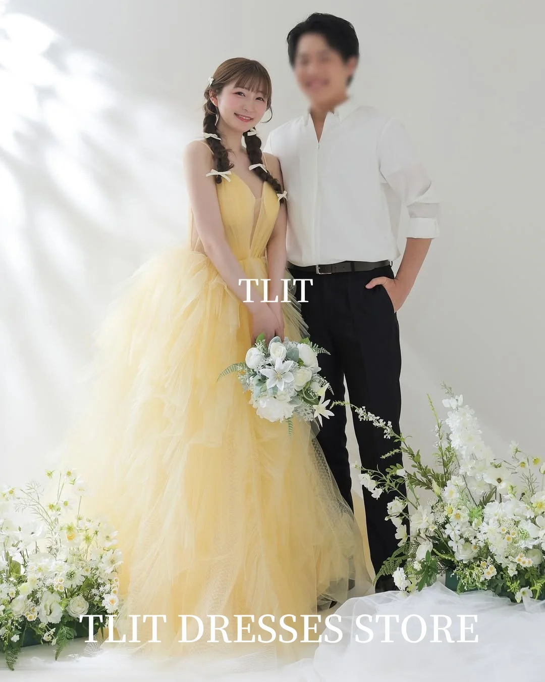 TLIT-vestidos de noche escalonados de tul amarillo de hadas, vestidos de novia personalizados de Corea, sesión de fotos, vestido de novia sin mangas